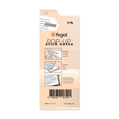 Embalagem de notas autocolantes pop-up Fegol bege claro com instruções e código de barras