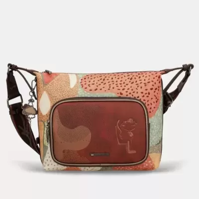 Bolsa de ombro colorida com bolso frontal castanho e alça ajustável