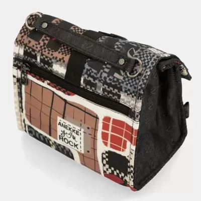 Bolsa de tecido com padrão xadrez e geométrico em vários tons e texto ANEKKE YOU ROCK!