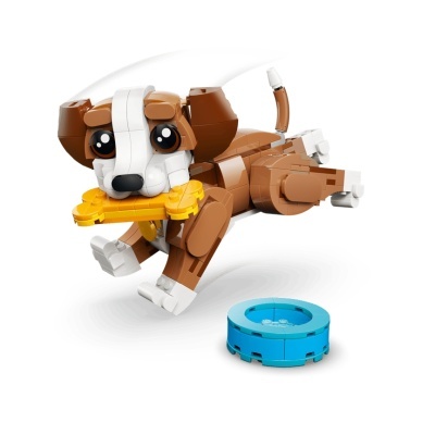 Figura de cão em blocos de montar com osso amarelo e recipiente azul.