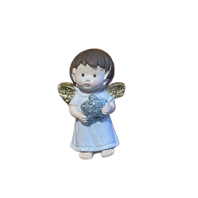 Figurinha decorativa de anjo com vestido azul, asas douradas e estrela prateada