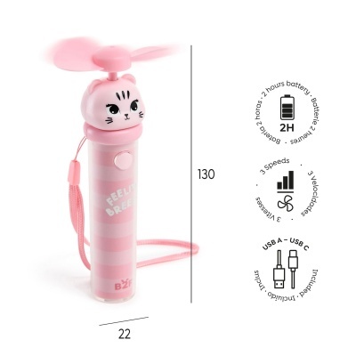 Mini ventilador portátil rosa com cabeça de gato e hélices rosas
