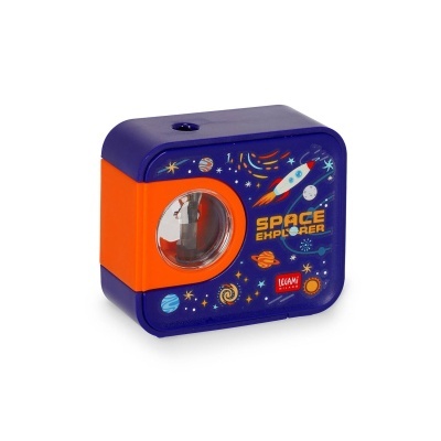 Afiador de lápis plástico azul e laranja com temática espacial e texto SPACE EXPLORER