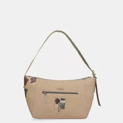 Mala bege clara com bolso frontal e alça curta