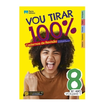 Caderno de revisão escolar amarelo com jovem sorridente e texto 100%