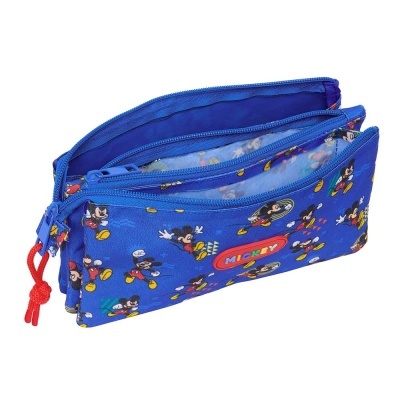 Estojo escolar azul com estampado de Mickey Mouse e fechos de correr azuis.