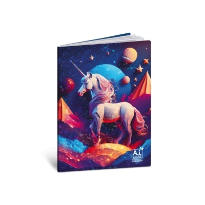 Caderno com capa ilustrada de unicórnio em cenário cósmico colorido
