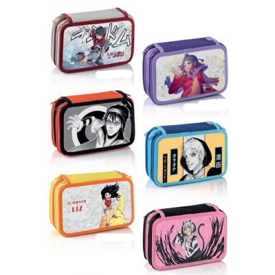 Seis estojos retangulares com zíper e imagens de anime em várias cores.