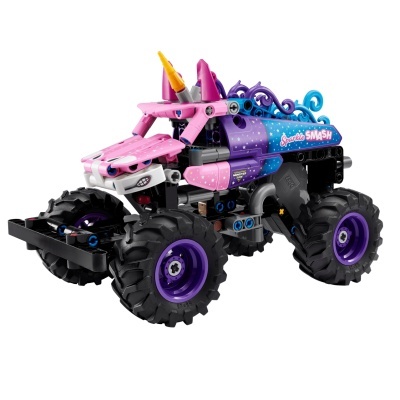 Carrinho monster truck brinquedo rosa, roxo e azul com chifre de unicórnio e rodas grandes