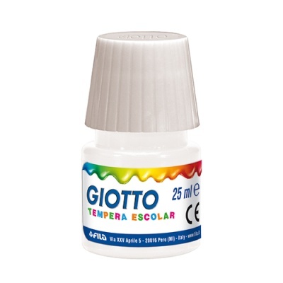 Frasco pequeno de tinta guache branca da marca GIOTTO com tampa branca e rótulo colorido.