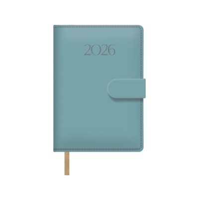 Agenda ou planner azul com 2026 em relevo e fecho de aba