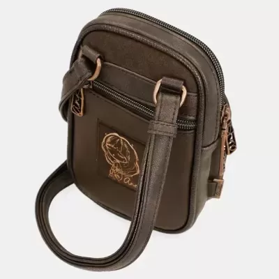Bolsa pequena de ombro castanha com desenho dourado e fecho de correr