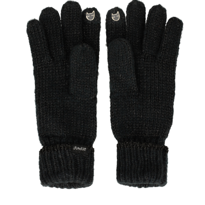 Luvas tricotadas pretas com detalhes de gato e etiqueta Amiiti