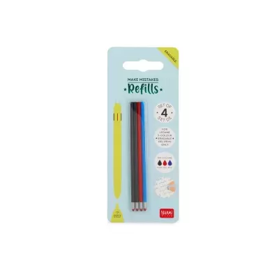 Embalagem azul claro com refis de caneta em três cores diferentes