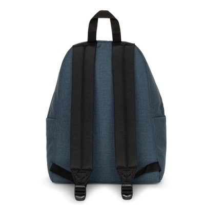Mochila azul escura com alças pretas vista de trás
