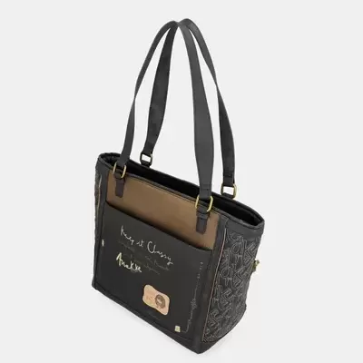 Mala de ombro preta e castanha com padrão e alças pretas