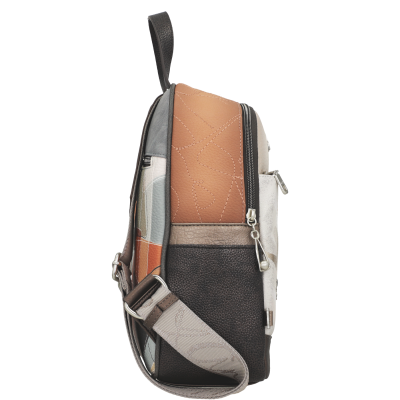 Mochila pequena colorida vista de lado com alça ajustável e fecho de correr