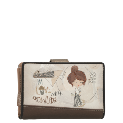 Carteira bege e castanha com ilustração de menina e texto