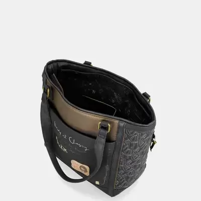 Mala de ombro preta com padrão e bolso frontal