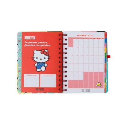 Agenda mensal de setembro de 2026 com Hello Kitty e áreas para anotações.