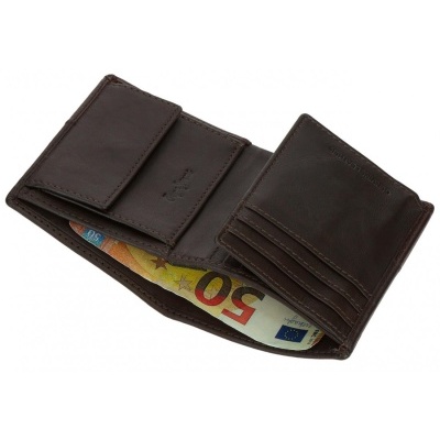 Carteira masculina castanha em pele com compartimentos e nota de 50 euros