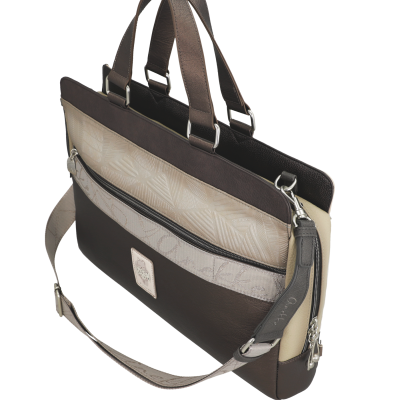 Mala tipo pasta castanha escura com detalhes bege e alças