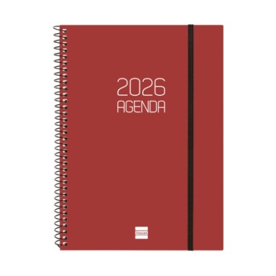 Agenda espiral 2026 vermelha com elástico preto e texto branco