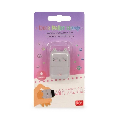 Carimbo decorativo formato gato cinzento com rosto sorridente e tinta rosa em embalagem rosa e roxo