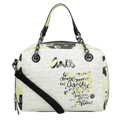 Mala de mão branca com padrão repetido do texto 'Anekke' e alças pretas e amarelas