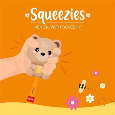 Lápis com topo em forma de urso macio e esmagável, fundo laranja com flores e abelha