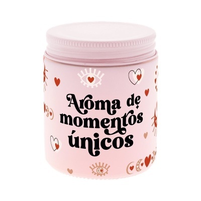 Frasco rosa com tampa e texto decorativo Aroma de momentos únicos