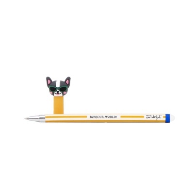 Caneta amarela com texto e decoração de cabeça de cachorro