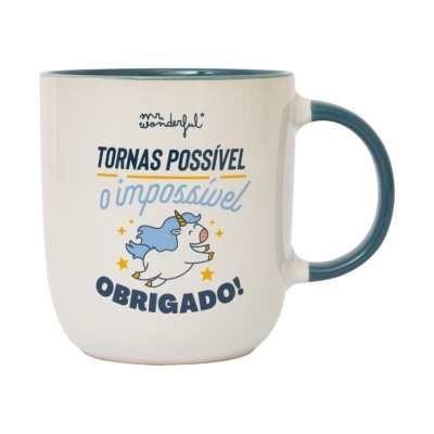 Caneca branca com interior e pega azuis com unicórnio e texto em português