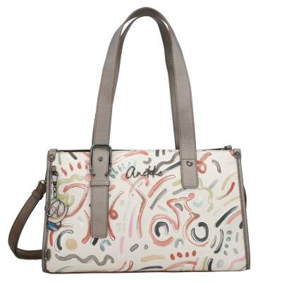 Mala de senhora com padrão abstrato colorido e alças cinzentas