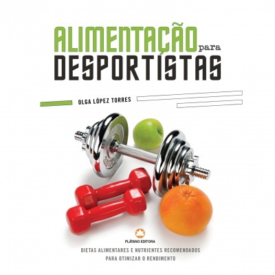 Capa de livro 'Alimentação para Desportistas' com halteres vermelhos e metálico, maçã e laranja