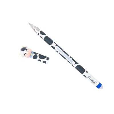 Caneta com padrão de vaca preto e branco e tampa com boneco de vaca sorridente