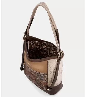 Saco de mão castanho e bege com padrão texturizado e interior estampado