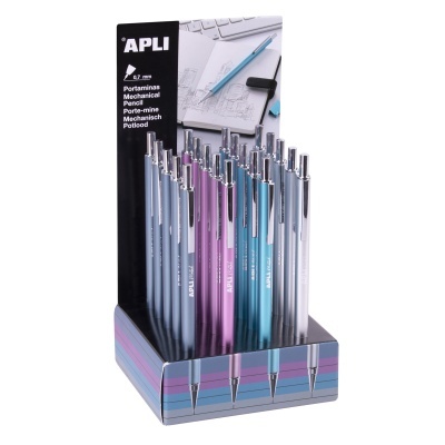 Expositor com lápis mecânicos APLI em várias cores metálicas