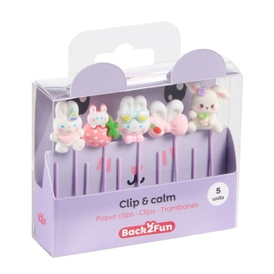 Conjunto de clips de papel decorados com coelhos e morango em embalagem lilás