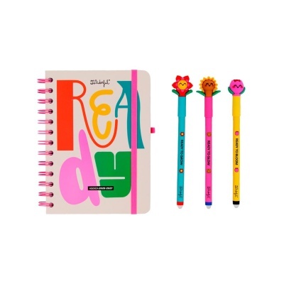 Agenda colorida com as palavras READY e três canetas com toppers de flores
