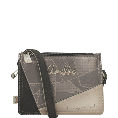 mala de tiracolo cinza preta e bege com logotipo Anekke
