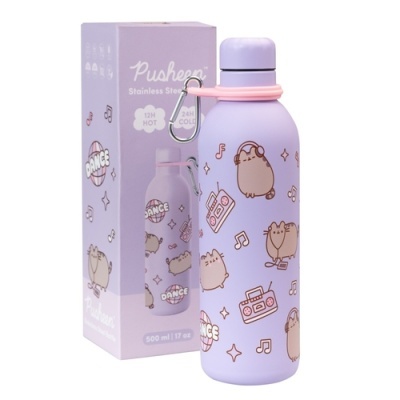 Garrafa térmica lilás Pusheen com desenhos de gatos e música, 500 ml.