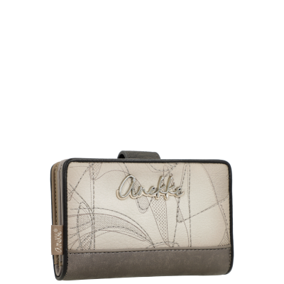Carteira bicolor bege e cinza com padrão abstrato e logótipo Anekke