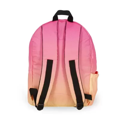 Mochila rosa e amarela em degradé vista de trás
