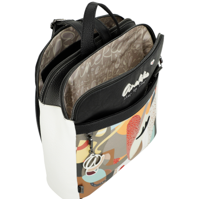 Mochila preta e branca com bolso colorido e padrão abstrato