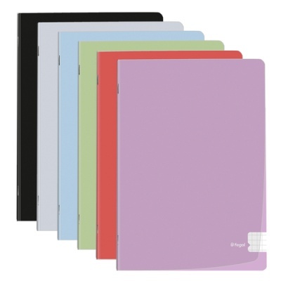Seis cadernos finos coloridos com capas lisas e uma com texto fegol