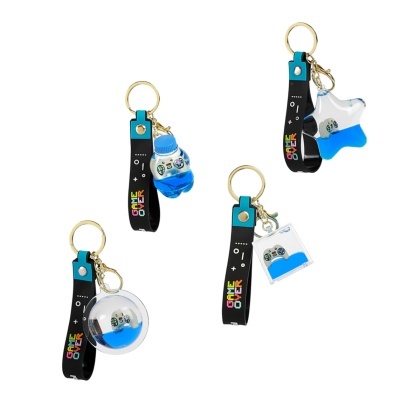 Quatro porta-chaves com tiras preto-azuis e pingentes com líquido azul e controlos de videojogo.