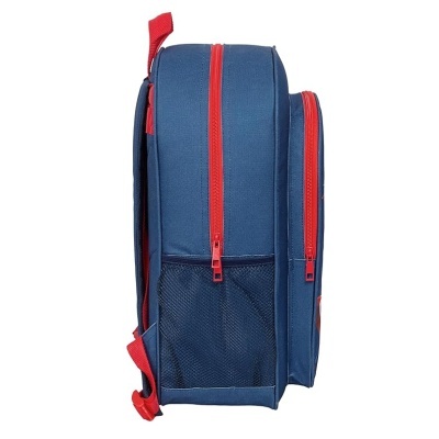 Mochila azul com fechos vermelhos vista lateral