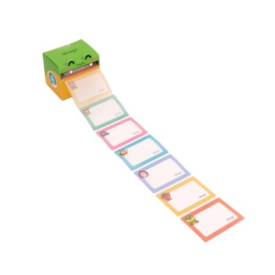 Notas autocolantes coloridas com desenhos e embalagem verde e amarelo com rosto sorridente