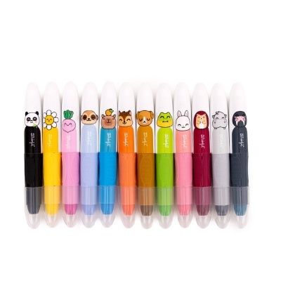 Conjunto de marcadores coloridos com tampas ilustradas com animais e flores